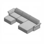 Modular sectional sofa, gray fabric, L-shape with curved backrests and square armrests, paired with two matching rectangular ottomans, studio shot.