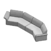 Modular sectional sofa, gray fabric, L-shape with curved exterior, broad cushions, rounded edges, low profile, studio product shot.