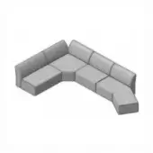 Modular sectional sofa, gray fabric, L-shape with extension, clean lines, boxy silhouette, low wide armrests, studio product shot.