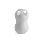 White Zontik sculpture, abstract form with circular cutouts, smooth matte finish, pear-like base, minimalist design, diffused lighting.