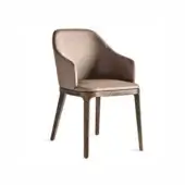 Dining chair, taupe leather-like upholstery, curved backrest, dark brown wood frame, tapered legs, minimalist design, studio product shot.