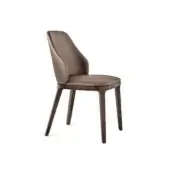 Dining chair, taupe leather, curved backrest with dark brown wood legs and visible grain, minimalist modern design.