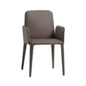 Gray dining chair with armrests, matte finish, rectangular back, tapered legs, leather-like upholstery, minimalist studio shot.