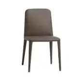 Dining chair, gray-brown leather, high back with curved rectangular shape and tapered legs, minimalist contemporary style.