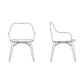 Iki chair line drawing, light fabric upholstery, curved high back with armrests, tapered wood legs, minimalist design.