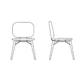 Iki chair line drawing, black minimalist design, rounded rectangular backrest, tapered legs, front and side view.