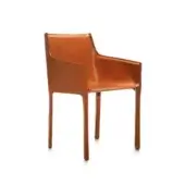 Armchair, cognac-brown leather, high back with integrated armrests and cylindrical tapered legs, studio shot on white background.