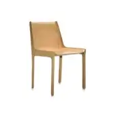Nisida dining chair, light tan leather, sloping backrest, tapered legs, minimalist design, studio shot, matte finish, neutral aesthetic.