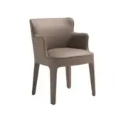 Dining chair, taupe leather, high back with winged sides and rounded armrests, set on tapered legs with dark feet.