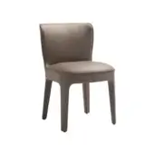 Dining chair, gray fabric, curved backrest; minimalist design with tapered legs, studio shot against a white backdrop, even lighting.