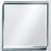 Transparent glass sheet with beveled edges displayed on white, showing clarity, subtle reflections, and a distinct bottom shadow.