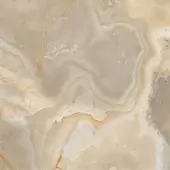 Marble glass texture, glossy beige onice, swirling patterns with translucent white and golden-brown veining, polished surface.