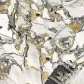 Pyroceramic surface texture, white with gold veining, exhibiting marble-like patterns of gray and black, glossy finish, organic structure.