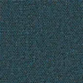 Teal-blue fabric sample with heathered dark gray and charcoal threads, dense weave, matte finish, and visible flax composition label.