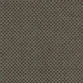Woven textile sample, gray-green with reddish-brown circular perforations in a grid pattern, heathered texture, studio lighting.
