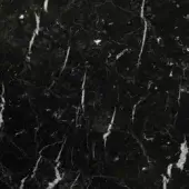 Black Marquina marble texture with white veins, polished surface displaying irregular patterns and a contrasting dark, cool tone.