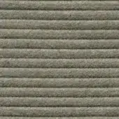 Ribbed upholstery fabric in gray-beige tones displays horizontal linear texture, with a matte finish and “harlem 100” label visible.