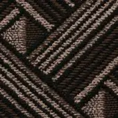 Woven fabric sample, dark brown and beige geometric pattern, diagonal lines and grid structure, textured surface, with “cierre1972” label.