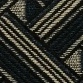 Geometric fabric sample, dark blue and cream, features diagonal stripes, looped pile, and triangular woven patches, matte finish.