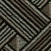 Geometric fabric sample with black, beige, and silver-gray threads displaying diagonal lines and circular elements, with a visible product label.