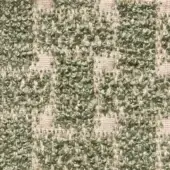 Geometric fabric sample with olive green and beige squares in a grid, featuring a dense woven nubby texture and subtle contemporary design.