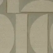 Geometric fabric sample in gray-green and tan features rectangular and semi-circular blocks, with vertical stripes and a woven texture.