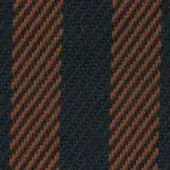 Woven textile sample, "Voulez Vous" collection, features diagonal stripes in dark gray-blue and rusty brown with a dense, subtly textured weave.