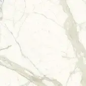 Calacatta white ceramic texture with beige and tan veining, displaying a polished sheen and organic, ribbon-like patterns throughout.