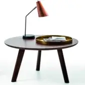 Superior Bross Beleos coffee table with dark brown wood top and subtly tapered wood legs in matte finish