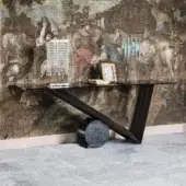 Superior Cattelan Italia Valentino console with clear glass top and dark Canaletto walnut finish, built upon a cylindrical travertine marble base