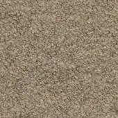 Beige looped pile fabric texture with a matte finish, displaying a nubby surface and subtle mottled variations, plus a printed label.