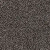 Looped pile fabric in gray-brown with a heathered texture, displaying tight, short loops and a consistent, dense surface; label visible.