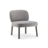 Aretha Lounge Chair, gray textured fabric, rounded backrest with cylindrical dark gray legs, minimalist contemporary design, studio shot.