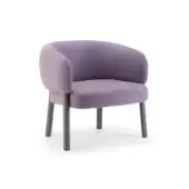 Aretha Lounge Chair B, lavender fabric, rounded silhouette with curved backrest and matte gray cylindrical legs, studio shot.