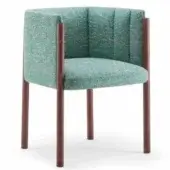 Dining chair, teal green fabric, boxy form with pleated back, dark walnut wood legs, minimalist design, studio product shot.