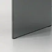 Smoked glass cabinet panel with dark gray metal frame, rectangular shape, flush-mounted against light gray wall and floor.