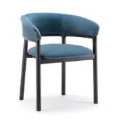 Distinguished Bross Lindy armchair with blue textile upholstery and dark stained wood structure