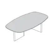 Oval table with gray stone top and white metal legs, minimalist design, studio product shot on white background.