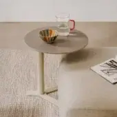 Elegant Lapalma YO side table with medium gray HPL Fenix® top and light beige powder-coated metal base crafted in Italy