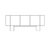 Console table schematic, black lines on white, rectangular form with three panel doors and open center section, supported by square legs.