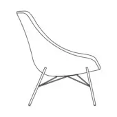 Chair line drawing, molded shell form, black lines, metal legs with diagonal brace, curved backrest, white background.