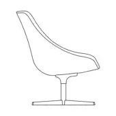High-back swivel chair, curved shell form, cylindrical pedestal base, minimalist design, black line drawing on white background.