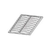 Window shutter line drawing, black and white, rectangular frame with curved horizontal slats divided vertically, simple illustrative style.