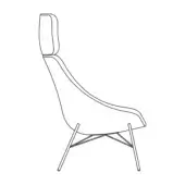 High-back chair line drawing, white background, curved upholstered seat and back, slender angled metal legs, minimalist design.