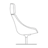 High-back chair line drawing, rounded seat, rectangular headrest, cylindrical pedestal base, minimalist modern design, white background.