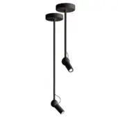 Black two-light pendant, cylindrical spotlights suspended from matte black rods and circular ceiling mounts, adjustable height.