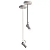 Pendant light, matte white finish, two cylindrical spotlights with curved necks and slender rods extending from a circular canopy.