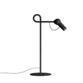 Black floor lamp, Bird Table model, with matte metal stem, circular loop, ribbed cylindrical head, and black base on white background.