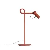 Bird Table, brick red powder-coated metal, circular base with curved stem supporting cylindrical lamp head and looped arm.