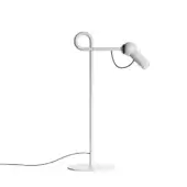 Floor lamp, white metal, minimalist design with cylindrical stem, looped arm, and ribbed rounded head, black power cord visible.